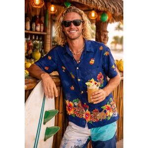 Vintage Kennington Hawaiian Shirt L Blue Rayon Cocktail Tiki Camp Collar Retro